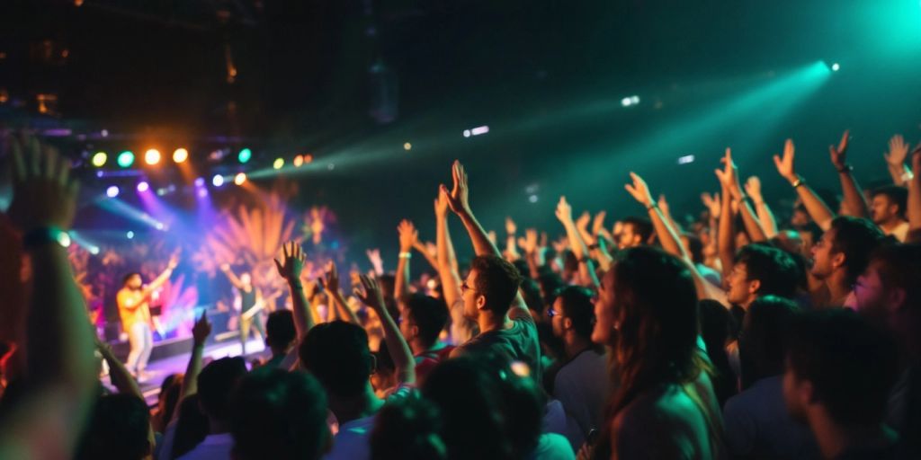 Crowd enjoying a concert with colorful lights in Malaysia.