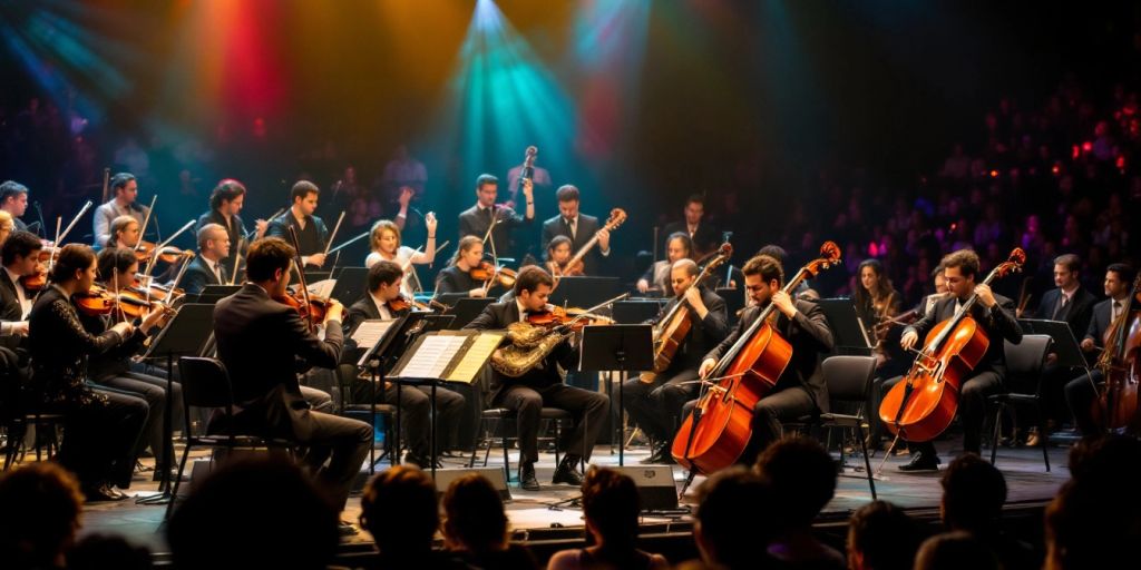 Orchestra performing with modern and traditional instruments.