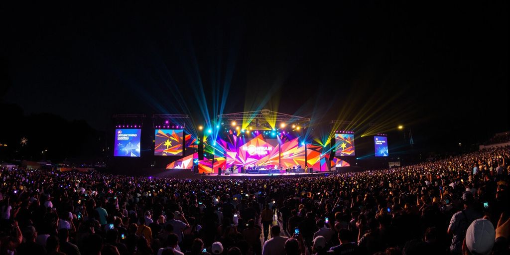 Crowd enjoying a concert with colorful stage lights.