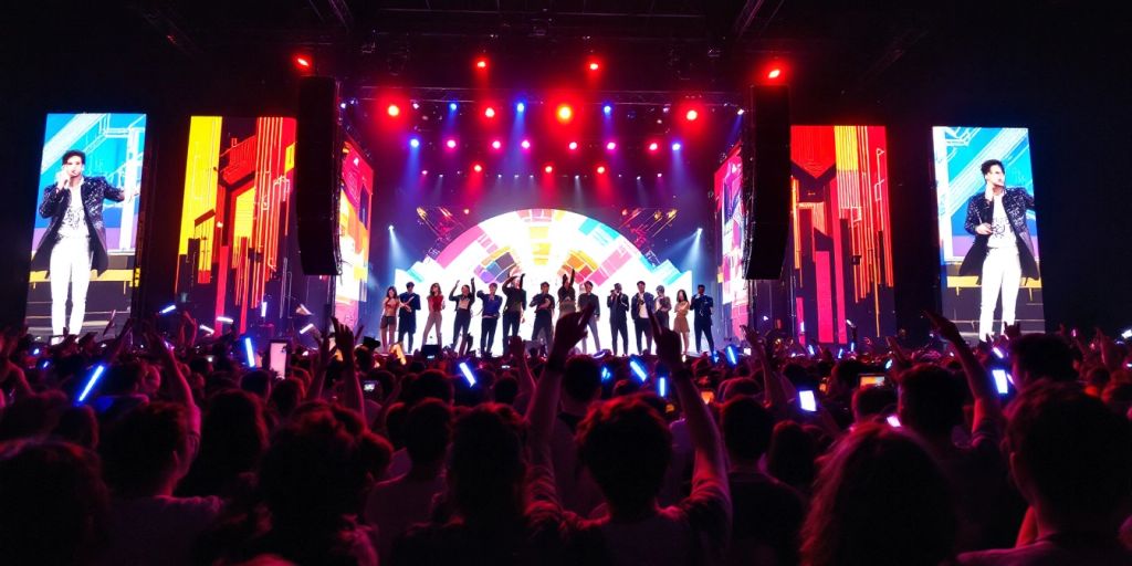 Vibrant K-Pop concert scene in Malaysia with cheering fans.