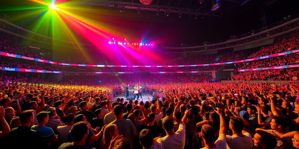 Crowd at concert in National Hockey Stadium, colorful lights.