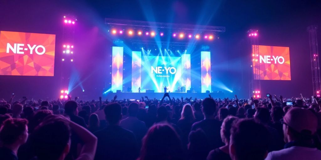 Crowd at Ne-Yo concert with colorful stage lights.