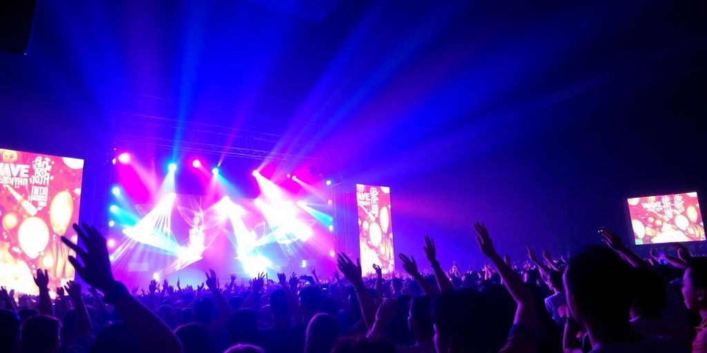 Crowd waving at a colorful concert stage.