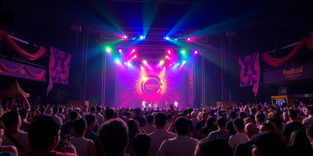 Crowd enjoying a concert with colorful stage lights.