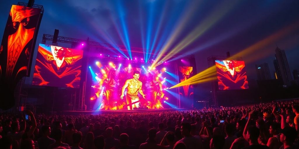 Concert crowd with colorful lights in Kuala Lumpur.